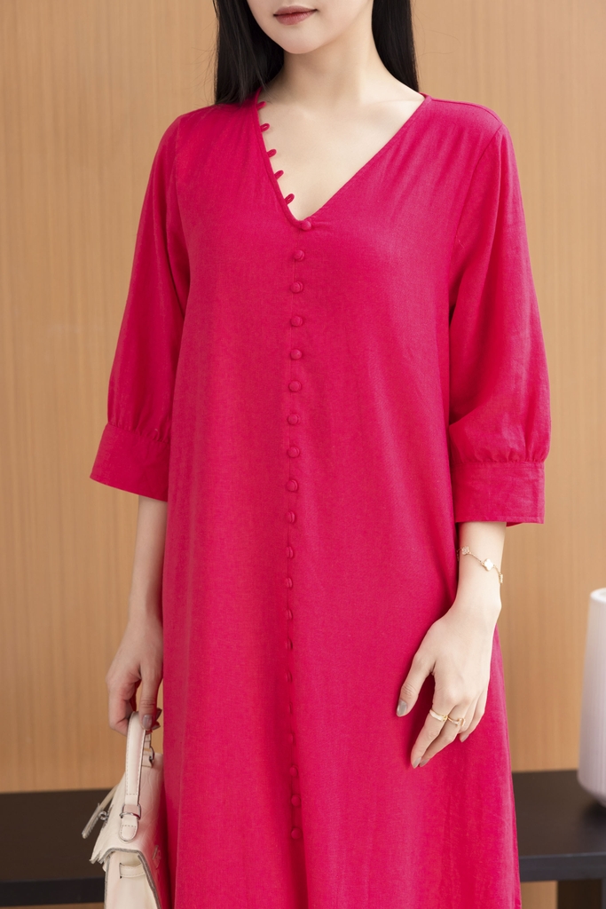 Váy Đầm Nữ Midi Suông Trơn Xẻ Tà Linen Cổ Tim Tay Nẹp Lỡ Có Túi Đính Nút Công Sở D11248LW03