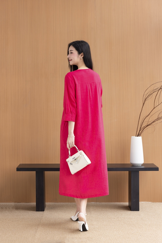 Váy Đầm Nữ Midi Suông Trơn Xẻ Tà Linen Cổ Tim Tay Nẹp Lỡ Có Túi Đính Nút Công Sở D11248LW03