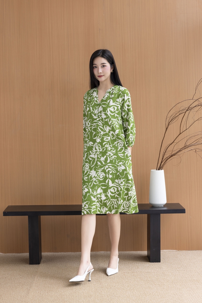 SWANLAKE | Váy Đầm Nữ Suông Dây Thắt Eo Cổ Trụ Đính Nút Vải Linen In Hoa Hè Tay Bí Lỡ Có Túi D12671LW02