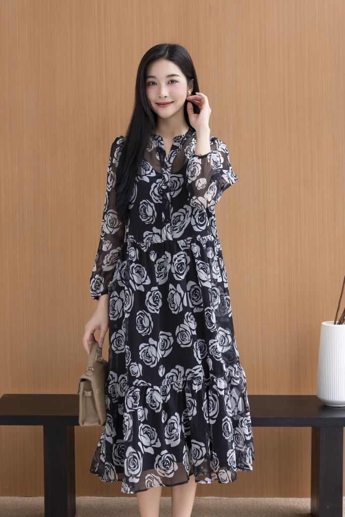 SWANLAKE | Váy Đầm Nữ Maxi Suông Xòe 2 Lớp Cổ Trụ Cài Nút Tay Dài Vải Tơ In Bông Hè Đi Biển D12073LW05