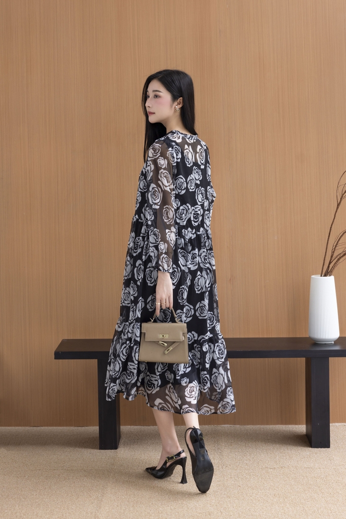 SWANLAKE | Váy Đầm Nữ Maxi Suông Xòe 2 Lớp Cổ Trụ Cài Nút Tay Dài Vải Tơ In Bông Hè Đi Biển D12073LW05