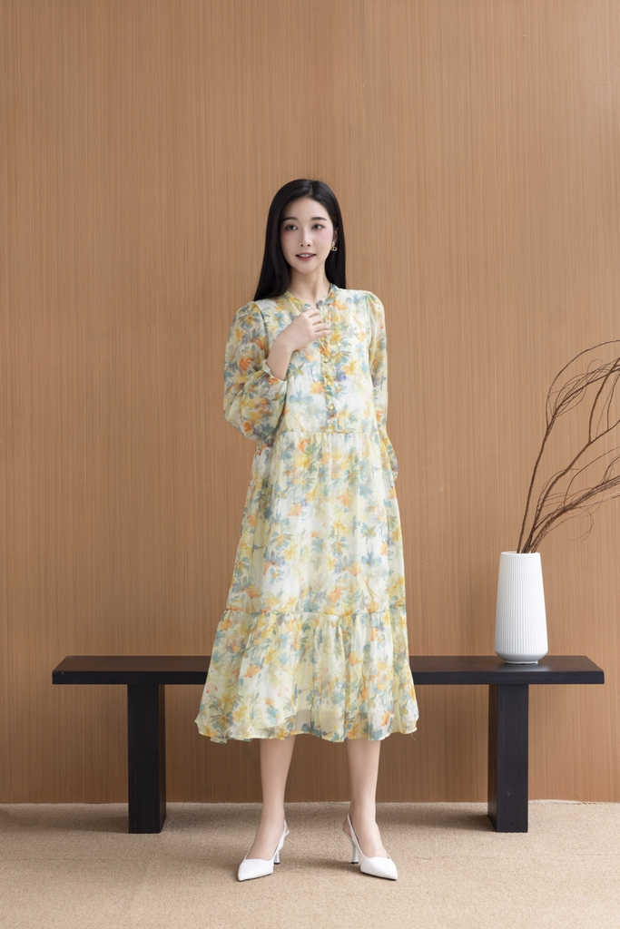 SWANLAKE | Váy Đầm Nữ Maxi Suông Xòe 2 Lớp Cổ Trụ Cài Nút Tay Dài Vải Tơ In Bông Hè Đi Biển D12073LW05