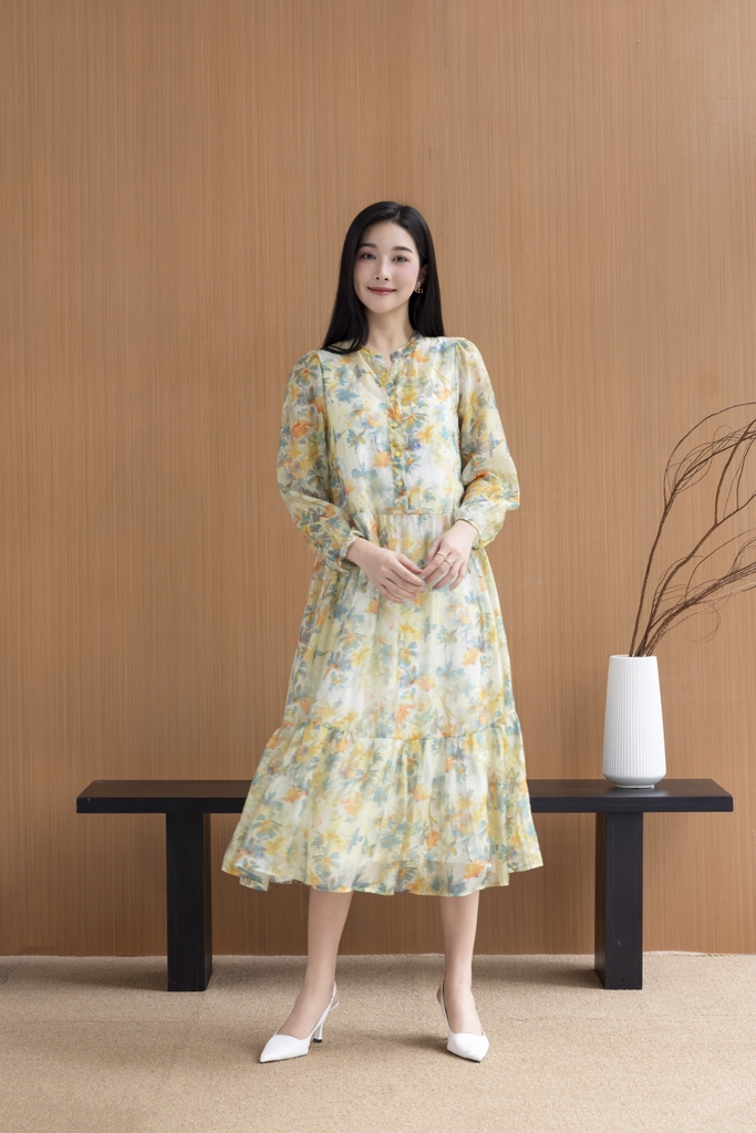 SWANLAKE | Váy Đầm Nữ Maxi Suông Xòe 2 Lớp Cổ Trụ Cài Nút Tay Dài Vải Tơ In Bông Hè Đi Biển D12073LW05