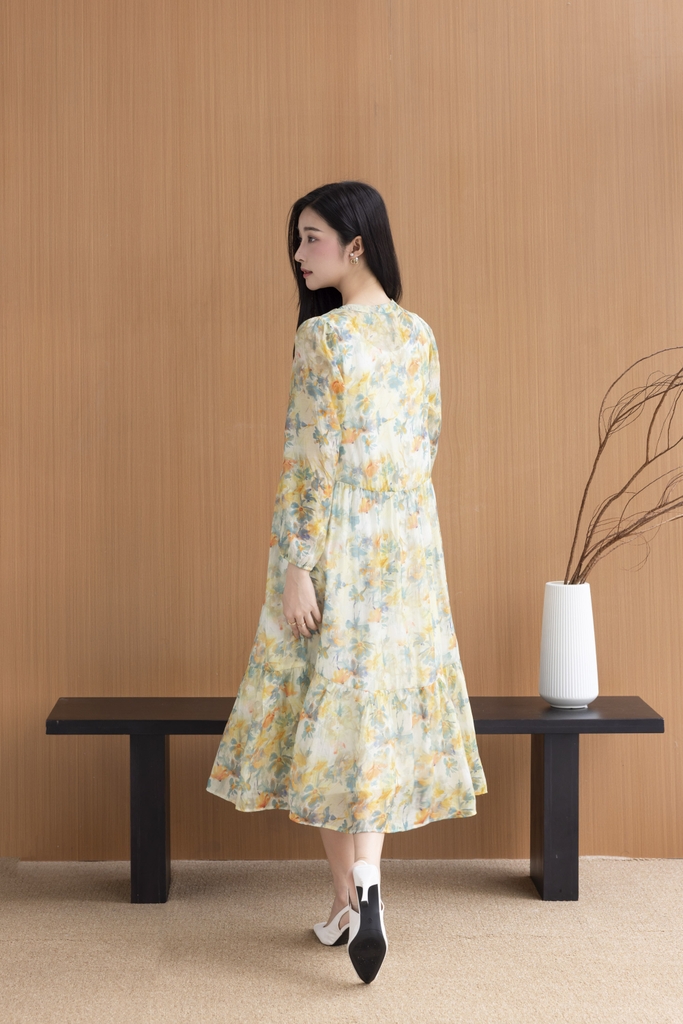 SWANLAKE | Váy Đầm Nữ Maxi Suông Xòe 2 Lớp Cổ Trụ Cài Nút Tay Dài Vải Tơ In Bông Hè Đi Biển D12073LW05