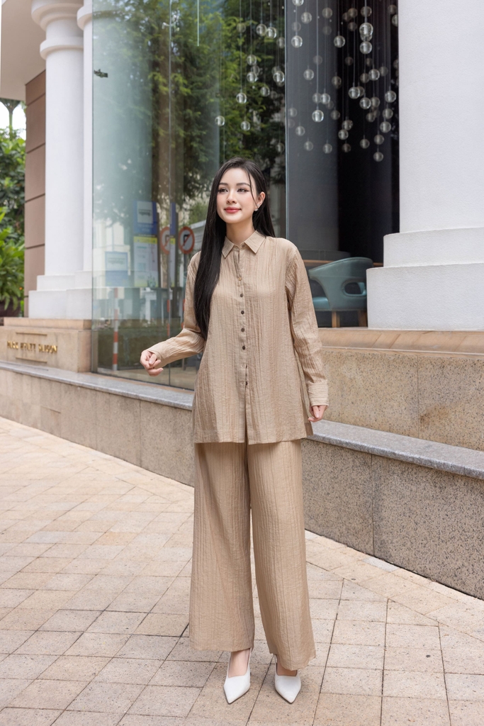 Swanlake | Set Bộ Tơ Dập Ly Sơ Mi Quần Suông Dài - B11687LW01