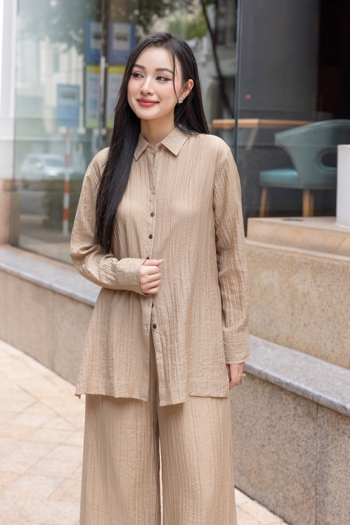 Swanlake | Set Bộ Tơ Dập Ly Sơ Mi Quần Suông Dài - B11687LW01