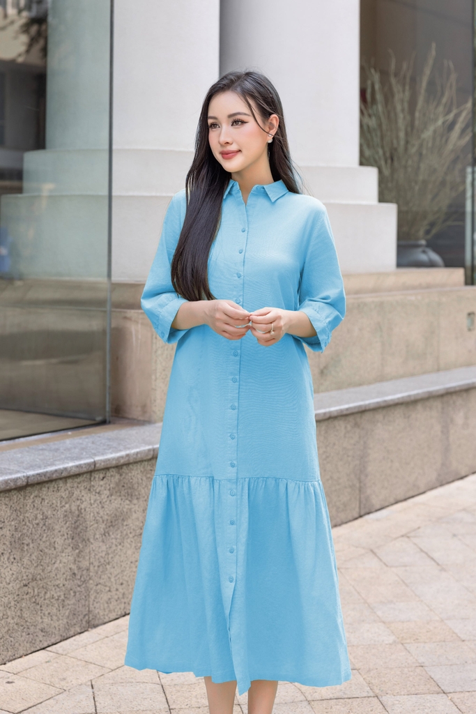 Swanlake | Đầm Sơ Mi Phom Suông A Dài Đuôi Cá Linen Trơn D12595LW01