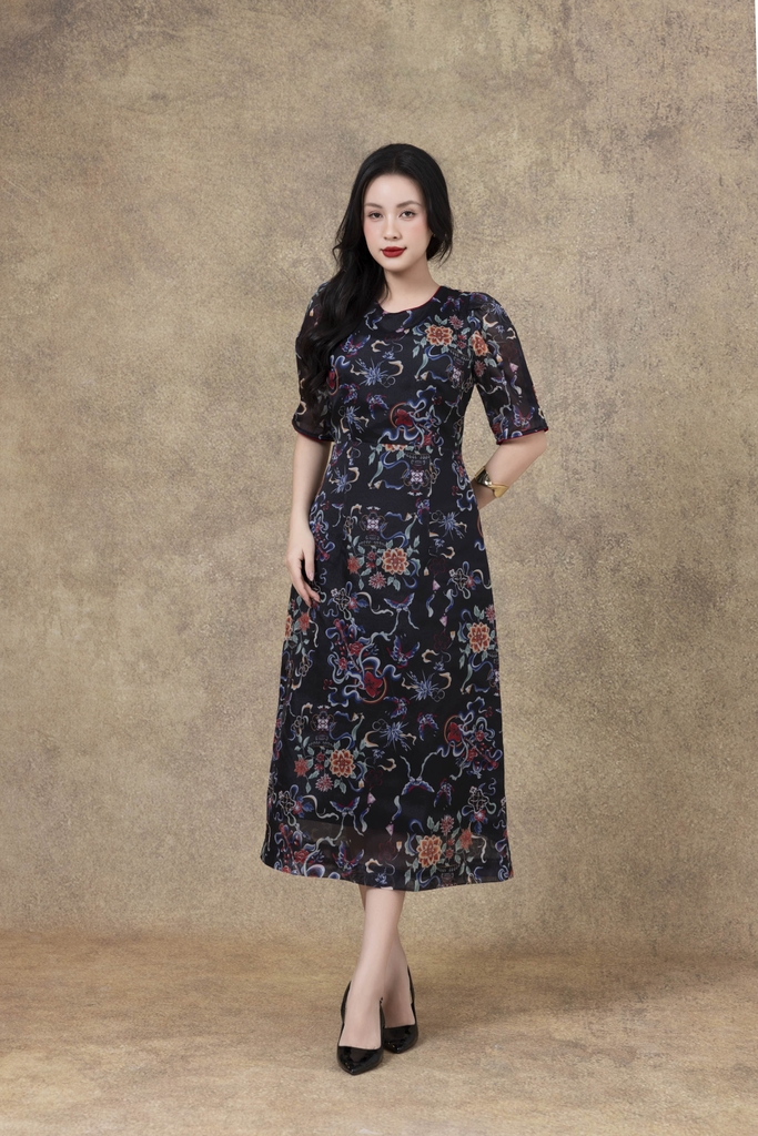 SWANLAKE | Váy Đầm Nữ Maxi Suông Vải Tơ In Hoa Cổ Tròn Tay Bí Phồng Chiết Eo Đi Tiệc Công Sở D13245LW01