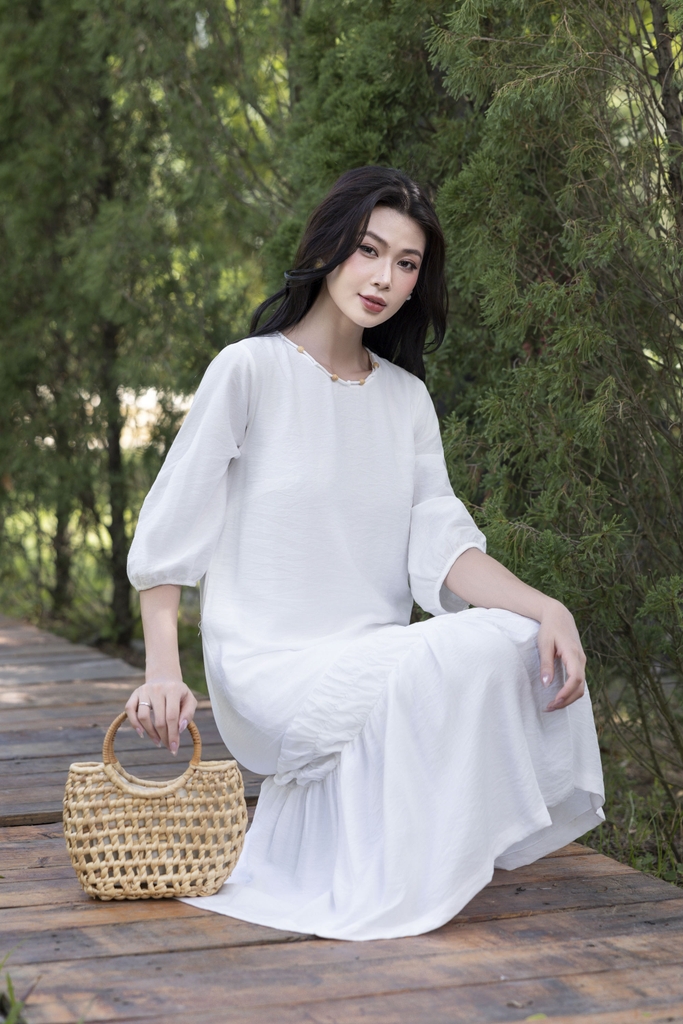 Swanlake | Đầm Suông Dài Đuôi Cá Đũi Nhật Cổ Có Hoạ Tiết Nút Gỗ D12511LW01