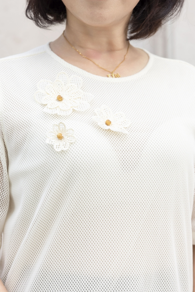 M COLLECTION | Áo Kiểu Nữ Trung Niên Tặng Mẹ Vải Thun Phối Lưới Đính Hoa 3D Cổ Tròn Tay Ngắn A12001LW01