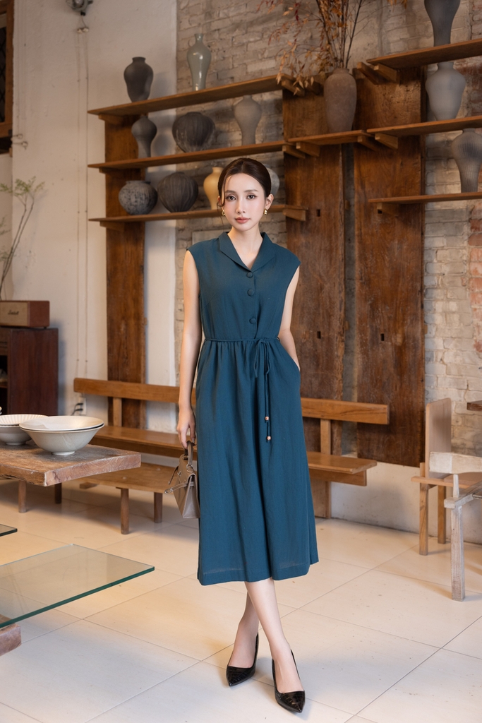 SWANLAKE | Váy Đầm Nữ Midi Sát Nách Cổ Sơ Mi Dây Thắt Eo Vải Linen Cao Cấp Thanh Lịch D13472LW01