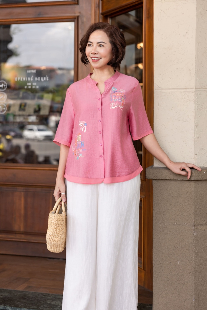 M-Collection - Áo Sơ Mi Cổ Trụ Tay Ngắn Thêu Đối Xứng Chất Liệu Vải Lụa Hàn - A12096LW01