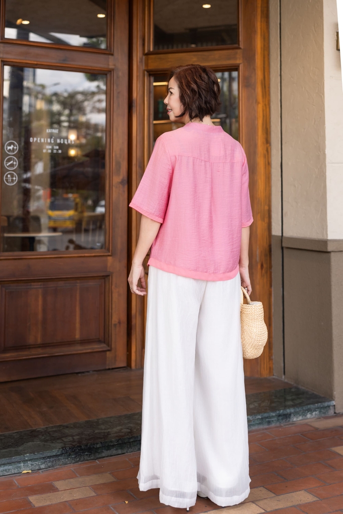 M-Collection - Áo Sơ Mi Cổ Trụ Tay Ngắn Thêu Đối Xứng Chất Liệu Vải Lụa Hàn - A12096LW01