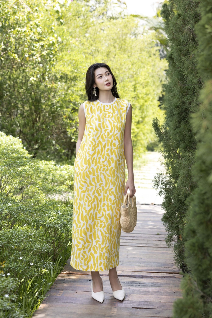 SWANLAKE | Váy Đầm Nữ Suông Maxi Sát Nách Xẻ Tà Cổ Tròn Thun In Hoạ Tiết Hè Vải Linen Công Sở D12632LW01