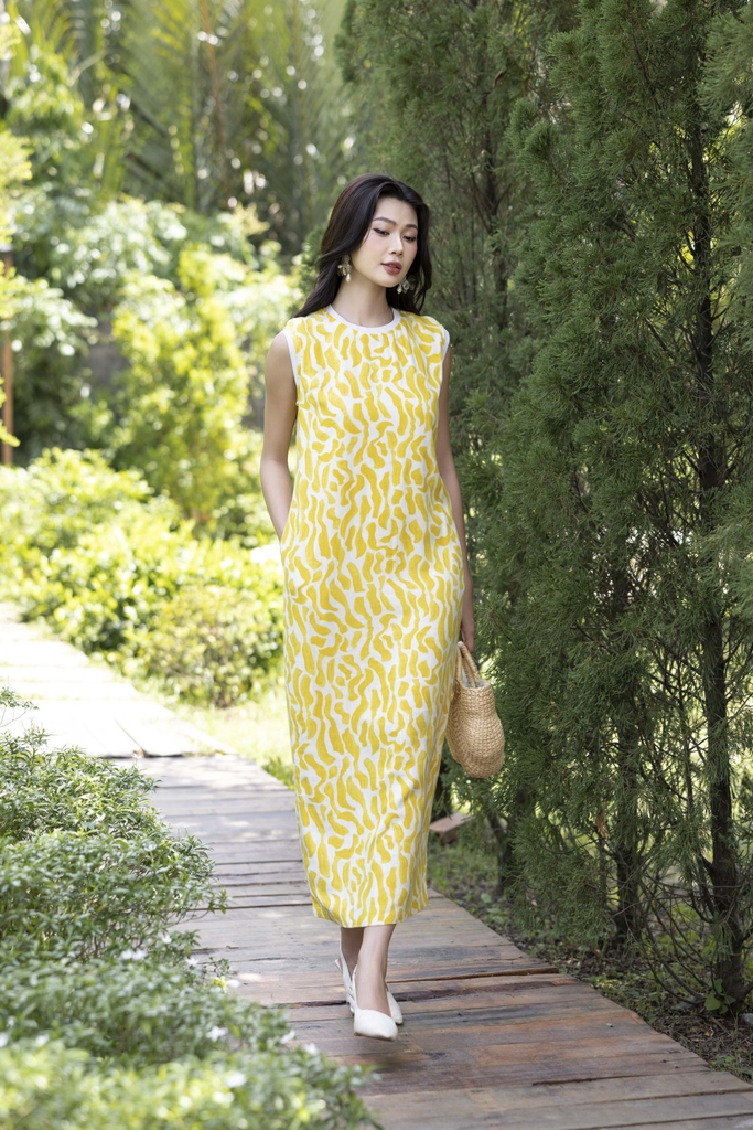 SWANLAKE | Váy Đầm Nữ Suông Maxi Sát Nách Xẻ Tà Cổ Tròn Thun In Hoạ Tiết Hè Vải Linen Công Sở D12632LW01