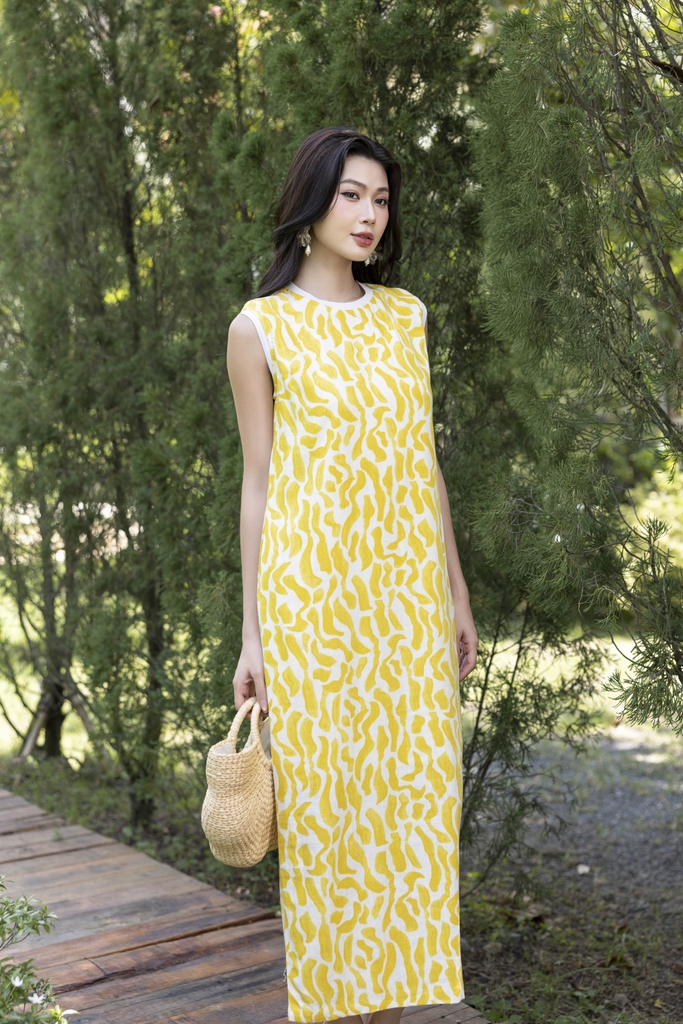 SWANLAKE | Váy Đầm Nữ Suông Maxi Sát Nách Xẻ Tà Cổ Tròn Thun In Hoạ Tiết Hè Vải Linen Công Sở D12632LW01