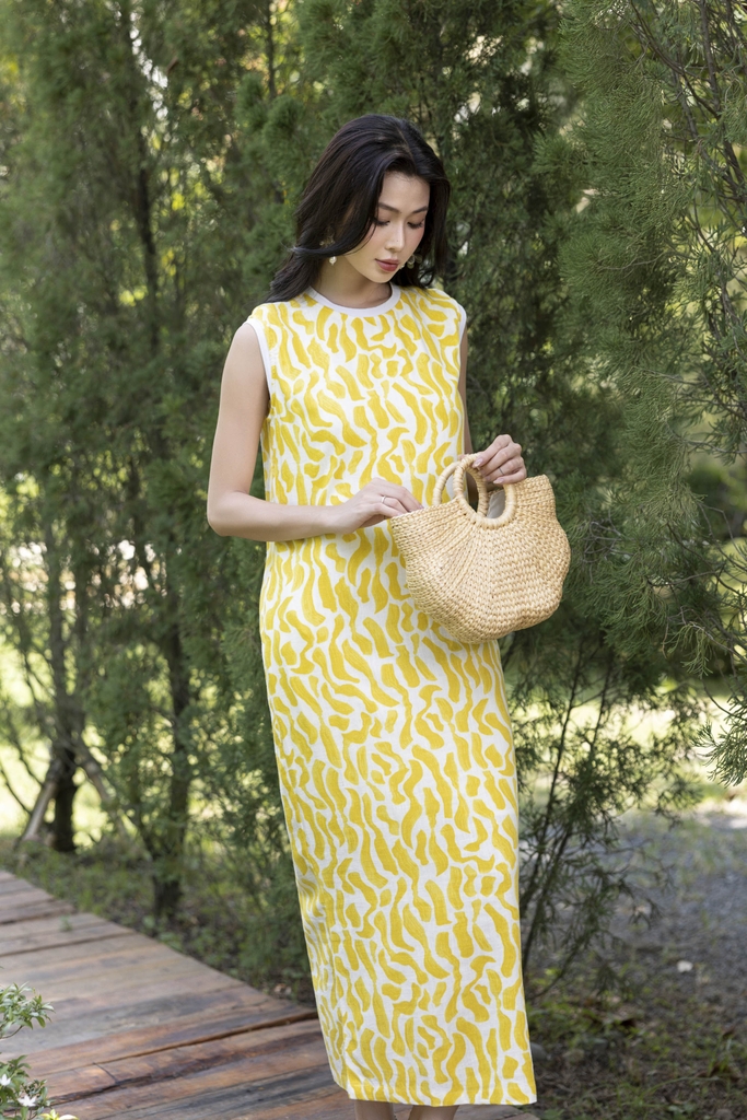 SWANLAKE | Váy Đầm Nữ Suông Maxi Sát Nách Xẻ Tà Cổ Tròn Thun In Hoạ Tiết Hè Vải Linen Công Sở D12632LW01