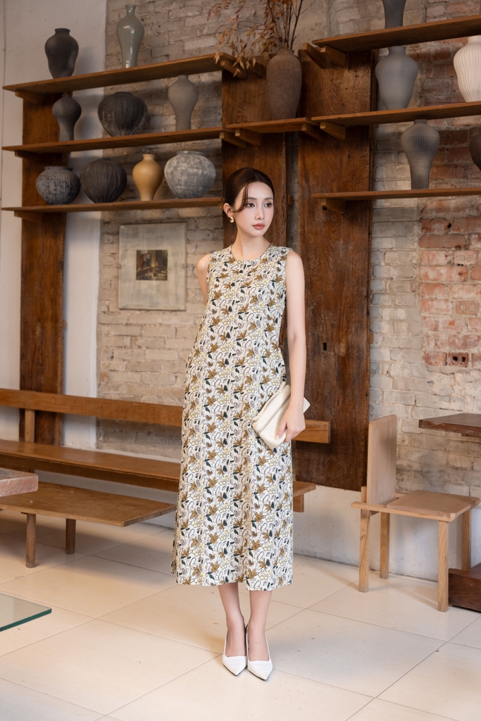 SWANLAKE | Váy Đầm Nữ Maxi Suông Sát Nách Xẻ Tà Linen Bông In Hoa Hè Cổ Tròn Có Túi Du Lịch D12380LW05