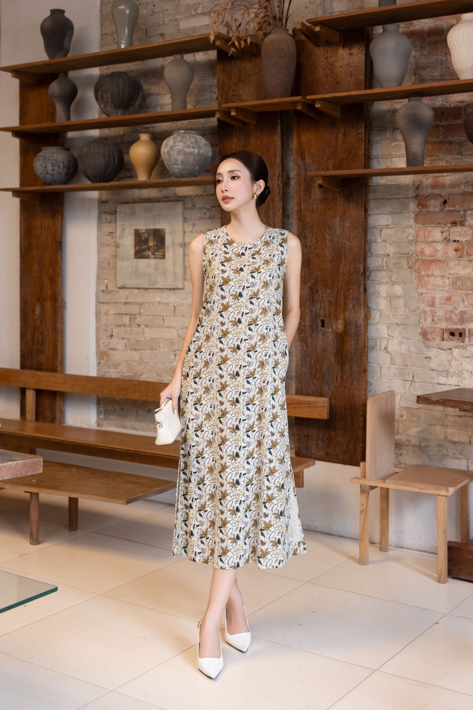 SWANLAKE | Váy Đầm Nữ Maxi Suông Sát Nách Xẻ Tà Linen Bông In Hoa Hè Cổ Tròn Có Túi Du Lịch D12380LW05