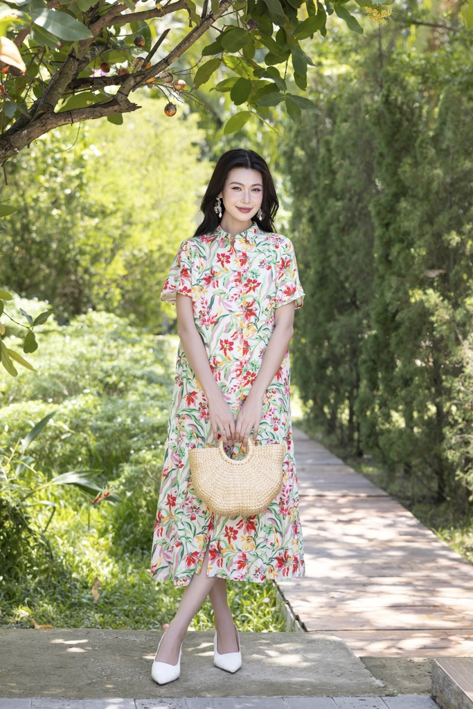 SWANLAKE | Váy Đầm Sơ Mi Nữ Suông Maxi Đuôi Cá Cài Nút Công Sở Biển Hè Linen In Hoa Có Túi D12758LW01