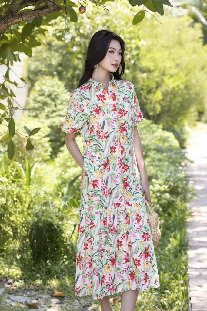 SWANLAKE | Váy Đầm Sơ Mi Nữ Suông Maxi Đuôi Cá Cài Nút Công Sở Biển Hè Linen In Hoa Có Túi D12758LW01