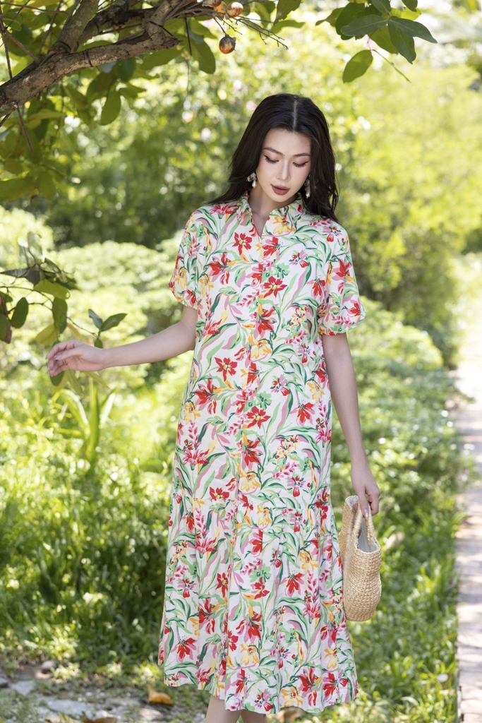 SWANLAKE | Váy Đầm Sơ Mi Nữ Suông Maxi Đuôi Cá Cài Nút Công Sở Biển Hè Linen In Hoa Có Túi D12758LW01