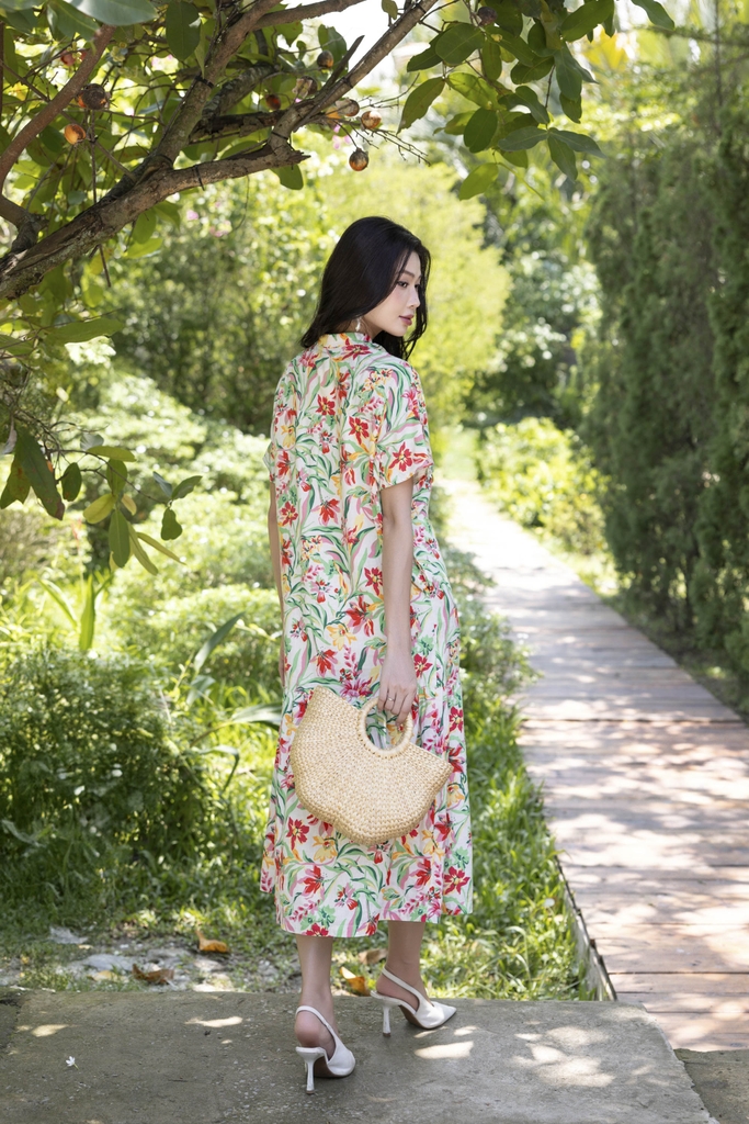SWANLAKE | Váy Đầm Sơ Mi Nữ Suông Maxi Đuôi Cá Cài Nút Công Sở Biển Hè Linen In Hoa Có Túi D12758LW01