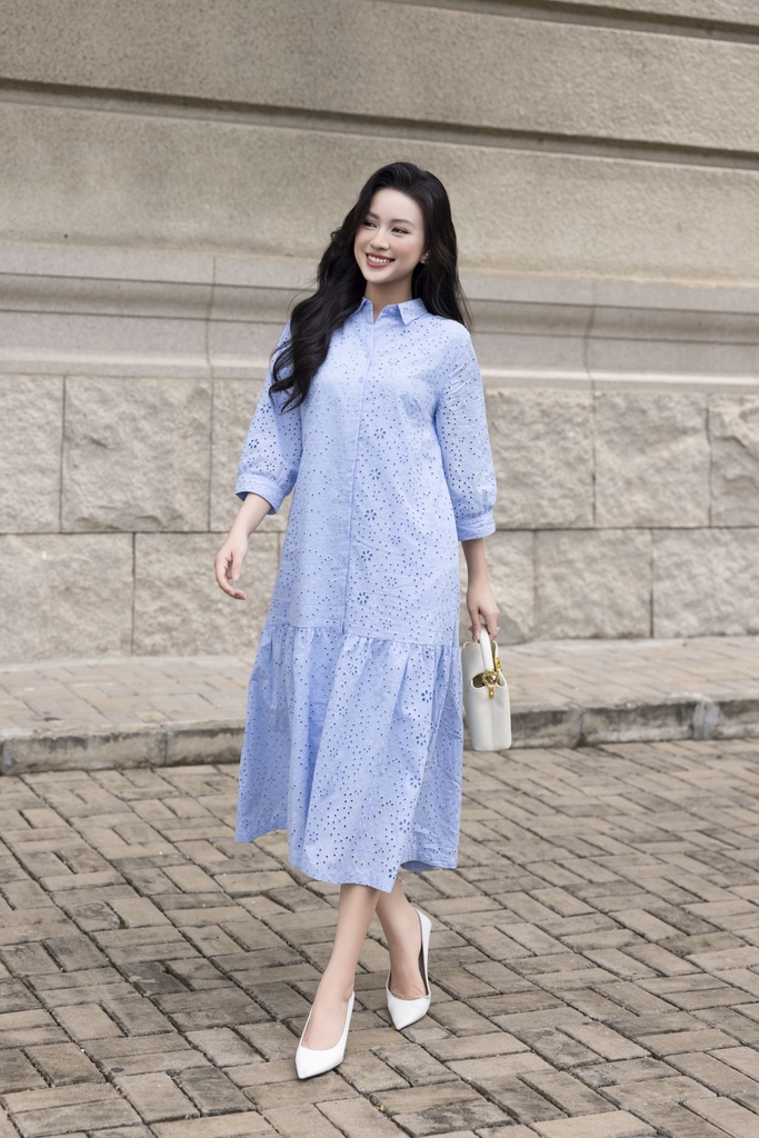 SWANLAKE | Váy Đầm Nữ Maxi Sơ Mi Suông Đuôi Cá Xòe Cotton Thêu Hoa Đục Lỗ Cài Nút Tay Nẹp Lỡ D12901LW01