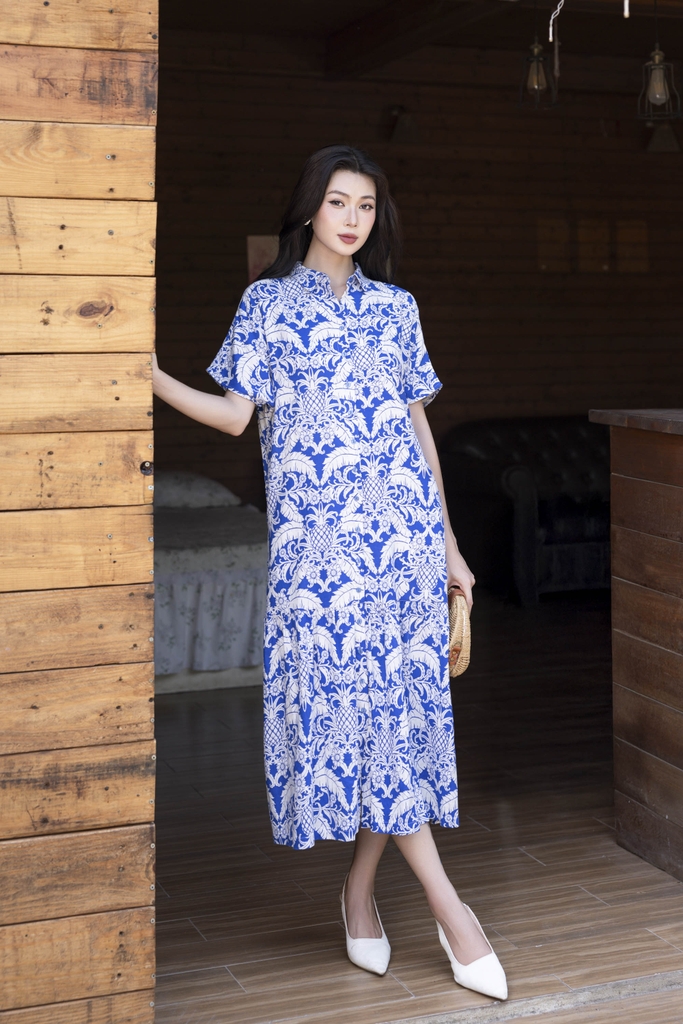 SWANLAKE | Váy Đầm Sơ Mi Nữ Suông Maxi Đuôi Cá Cài Nút Công Sở Biển Hè Linen In Hoa Có Túi D12758LW01
