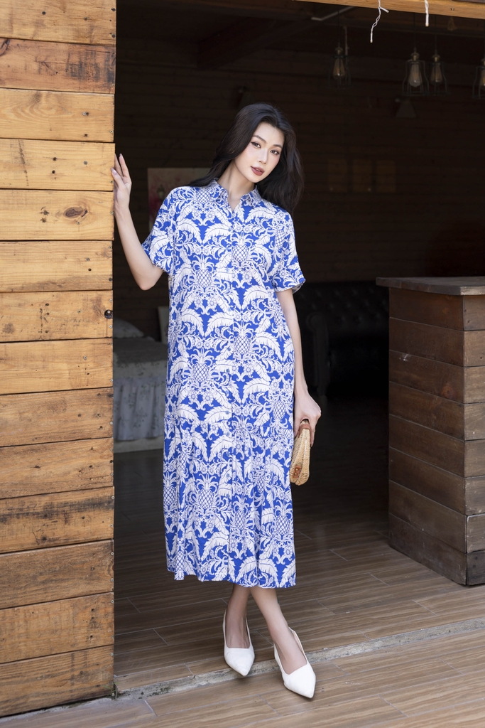 SWANLAKE | Váy Đầm Sơ Mi Nữ Suông Maxi Đuôi Cá Cài Nút Công Sở Biển Hè Linen In Hoa Có Túi D12758LW01