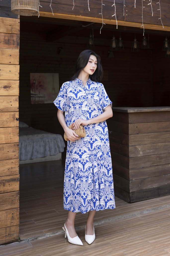 SWANLAKE | Váy Đầm Sơ Mi Nữ Suông Maxi Đuôi Cá Cài Nút Công Sở Biển Hè Linen In Hoa Có Túi D12758LW01