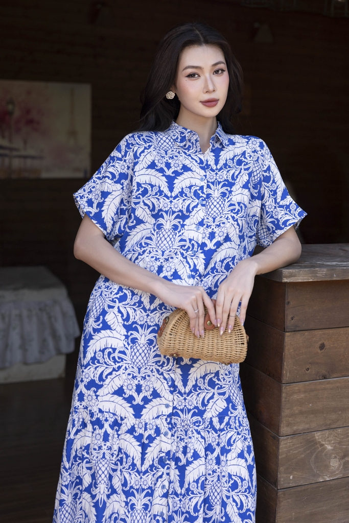SWANLAKE | Váy Đầm Sơ Mi Nữ Suông Maxi Đuôi Cá Cài Nút Công Sở Biển Hè Linen In Hoa Có Túi D12758LW01
