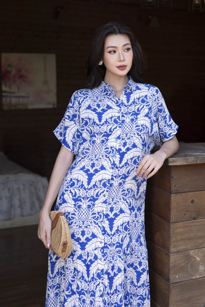 SWANLAKE | Váy Đầm Sơ Mi Nữ Suông Maxi Đuôi Cá Cài Nút Công Sở Biển Hè Linen In Hoa Có Túi D12758LW01