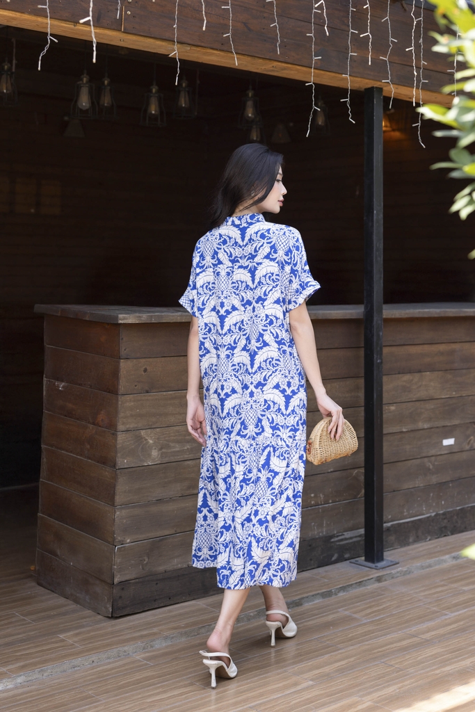 SWANLAKE | Váy Đầm Sơ Mi Nữ Suông Maxi Đuôi Cá Cài Nút Công Sở Biển Hè Linen In Hoa Có Túi D12758LW01