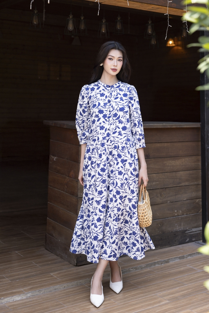 SWANLAKE | Váy Đầm Maxi Hoa Nhí Phom Dài Xòe 2 Tầng Vải Xô Bông/Linen Lụa Tay Lỡ Cổ Trụ - D10887