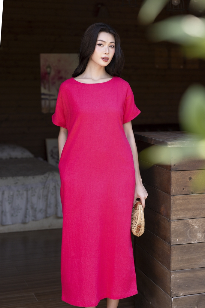 SWANLAKE | Váy Đầm Nữ Maxi Suông Vải Linen In Hoa Hè Cổ Thuyền Tay Ngắn Xẻ Tà Có Túi Du Lịch D12689LW01