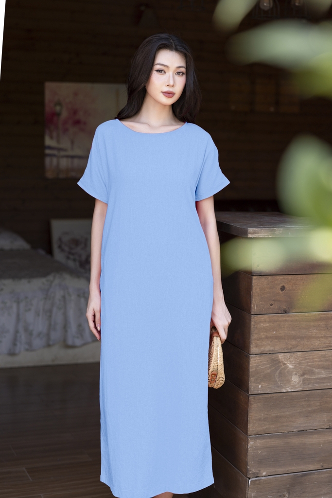 SWANLAKE | Váy Đầm Nữ Maxi Suông Vải Linen In Hoa Hè Cổ Thuyền Tay Ngắn Xẻ Tà Có Túi Du Lịch D12689LW01
