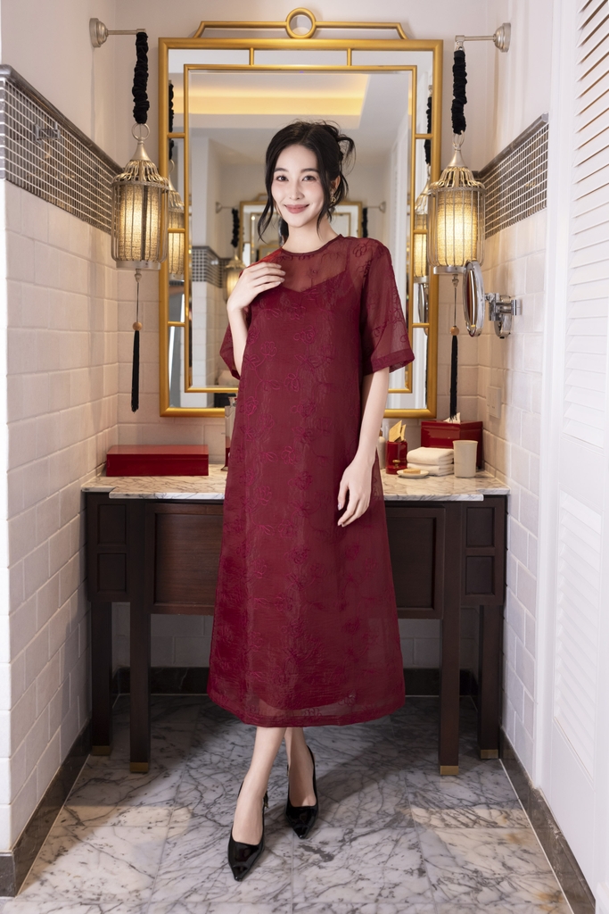 Đầm Tơ Suông Hai Lớp Sang Trọng Hoạ Tiết Hoa - D12064LW03