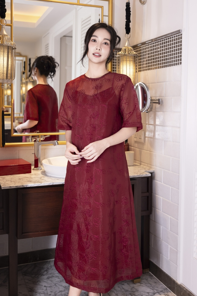 Đầm Tơ Suông Hai Lớp Sang Trọng Hoạ Tiết Hoa - D12064LW03