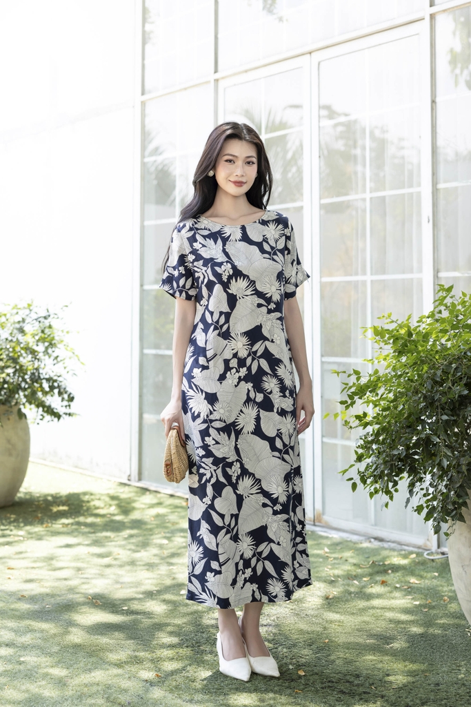 SWANLAKE | Váy Đầm Nữ Maxi Suông Vải Linen In Hoa Hè Cổ Thuyền Tay Ngắn Xẻ Tà Có Túi Du Lịch D12689LW01