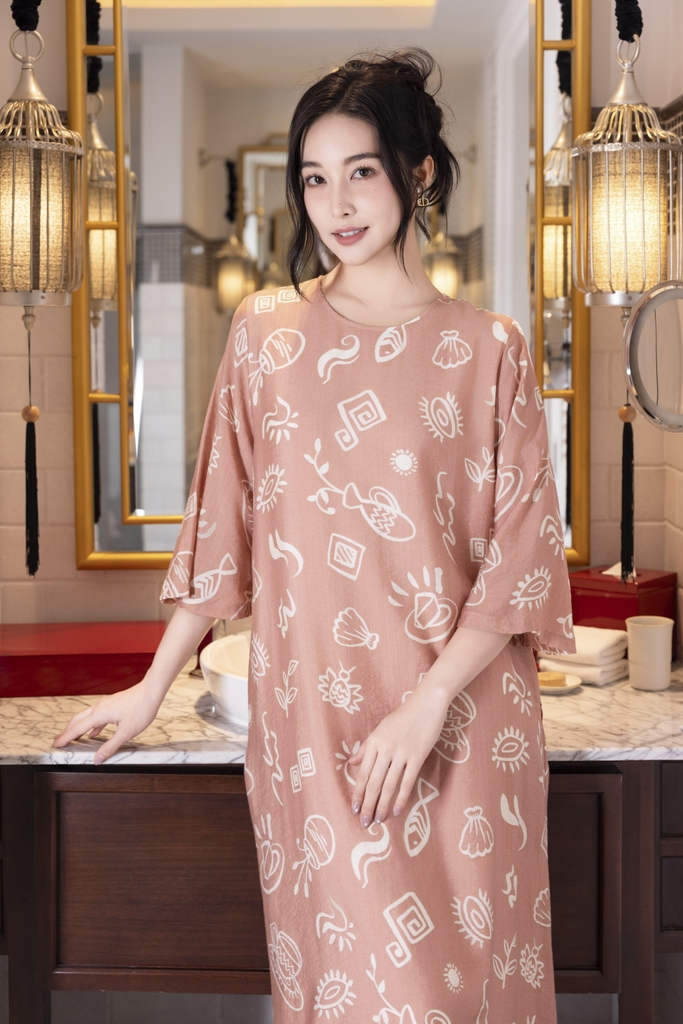 SWANLAKE | Váy Đầm Nữ Maxi Suông Tơ In Họa Tiết Hè Lót Cotton Tay Lỡ Cổ Tròn Có Túi Du Lịch D12838LW01