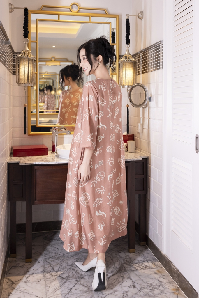 SWANLAKE | Váy Đầm Nữ Maxi Suông Tơ In Họa Tiết Hè Lót Cotton Tay Lỡ Cổ Tròn Có Túi Du Lịch D12838LW01