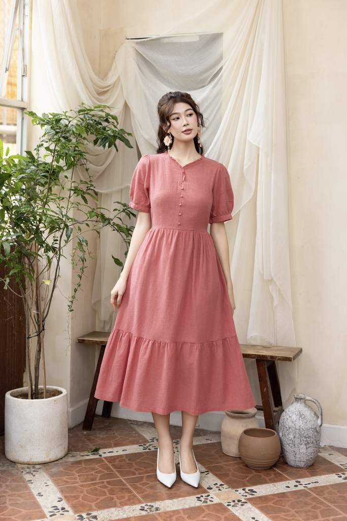 Swanlake | Váy Đầm Phom Suông Dài Maxi Nhấn Eo Linen Cổ Tim - D12377LW01