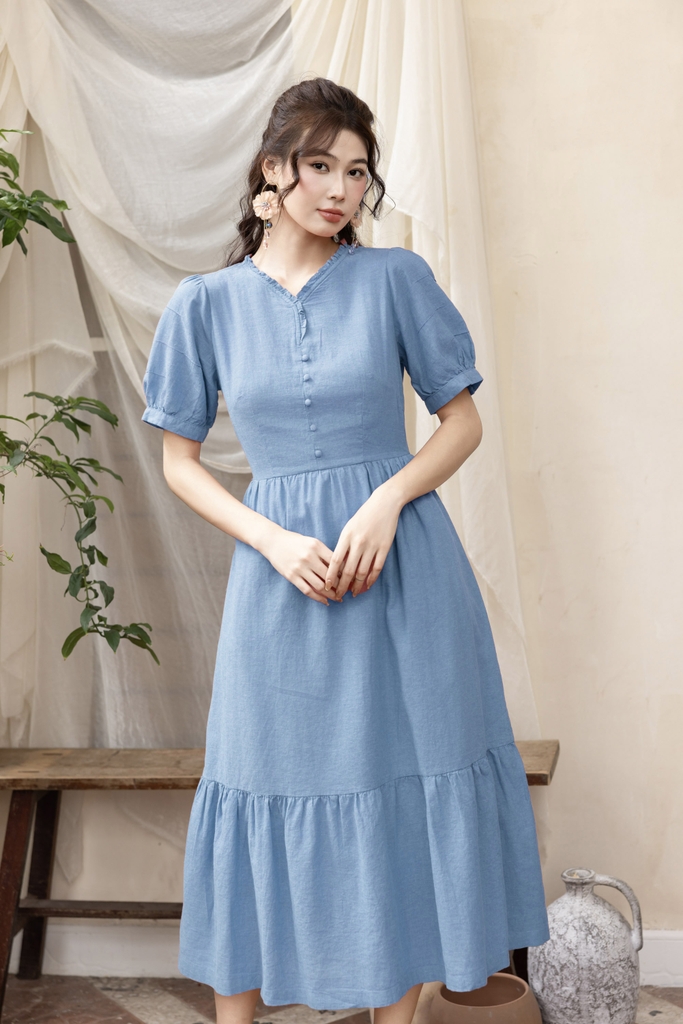 Swanlake | Váy Đầm Phom Suông Dài Maxi Nhấn Eo Linen Cổ Tim - D12377LW01
