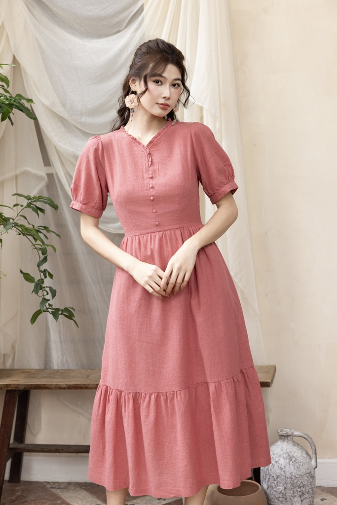Swanlake | Váy Đầm Phom Suông Dài Maxi Nhấn Eo Linen Cổ Tim - D12377LW01