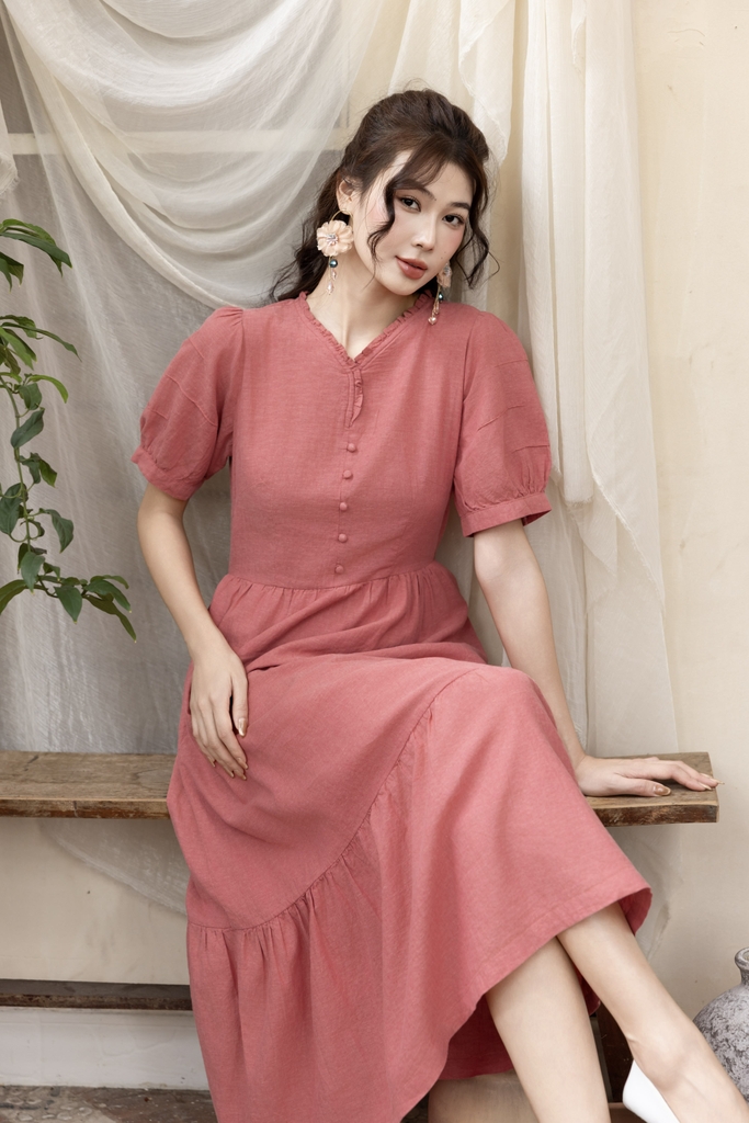 Swanlake | Váy Đầm Phom Suông Dài Maxi Nhấn Eo Linen Cổ Tim - D12377LW01
