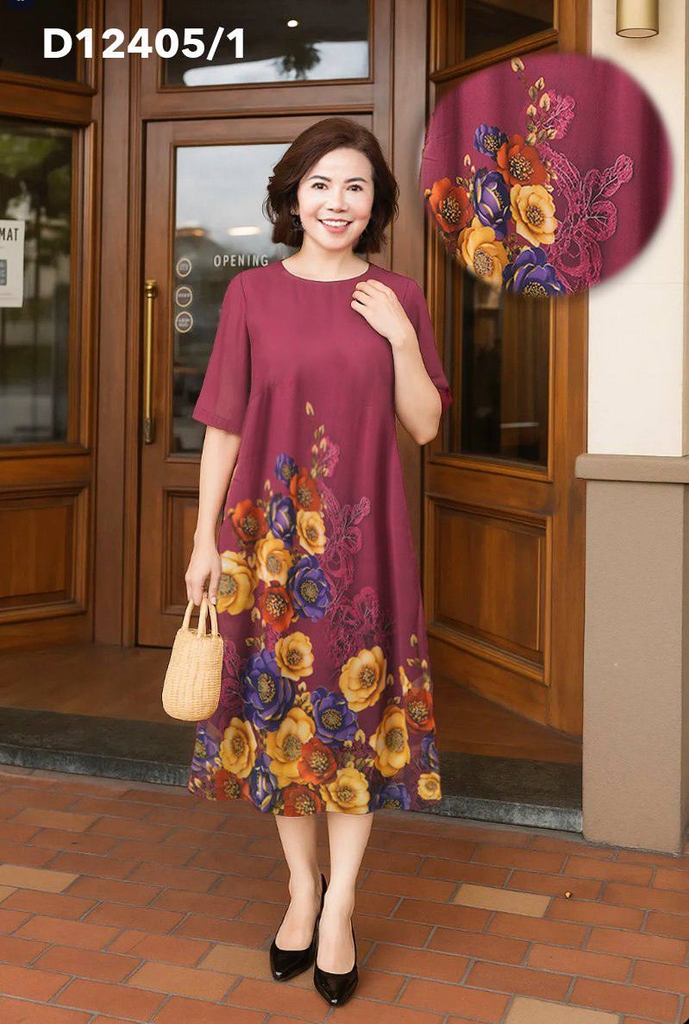 M COLLECTION | Đầm Chiffon Chân Bông Trung Niên Tặng Mẹ Sang Trọng D12405LW01
