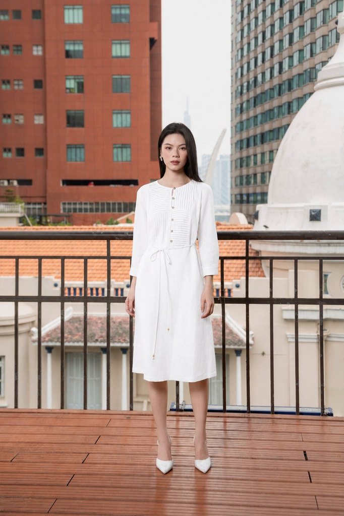 SWANLAKE | Váy Đầm Nữ Suông Cổ Tròn Cài Nút Tay Lỡ Vải Linen Dây Thắt Eo Công Sở Thanh Lịch D13306LW01