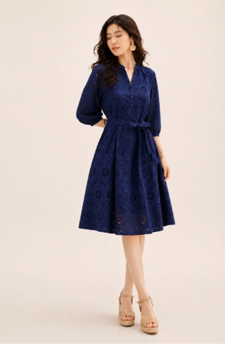Đầm Suông Cổ Trụ Dây Thắt Eo Cotton Thêu Đục Lỗ D12671LW01