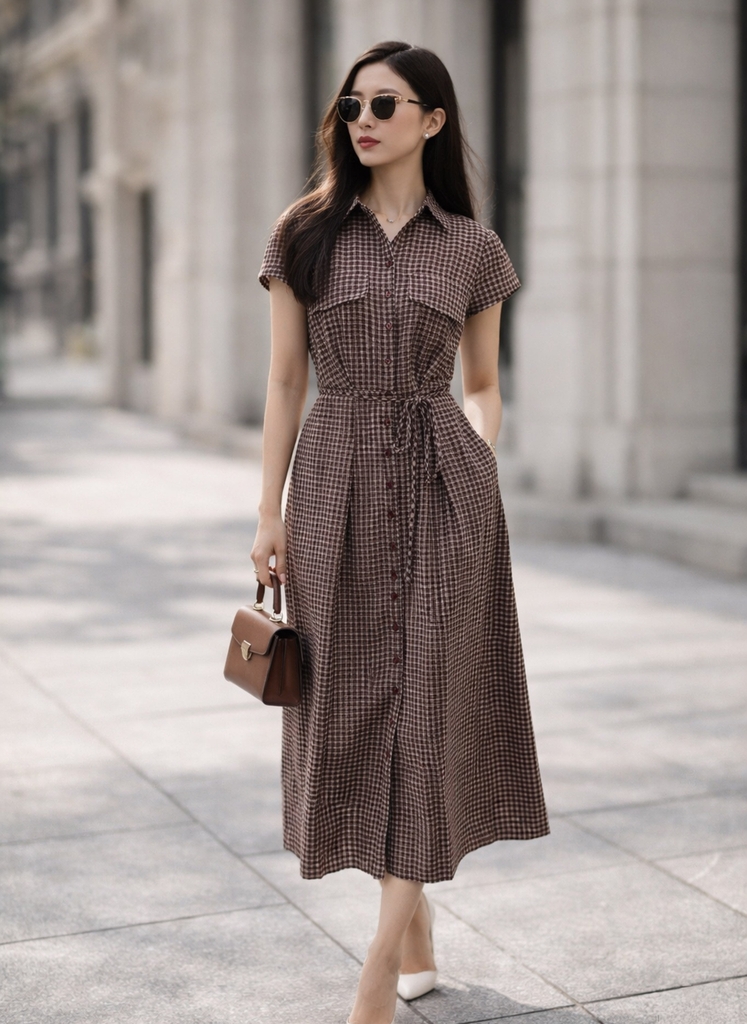 SWANLAKE | Váy Đầm Nữ Sơ Mi Caro Vải Linen Tay Ngắn Chiết Eo Buộc Dây Công Sở Dạo Phố D13800LW01